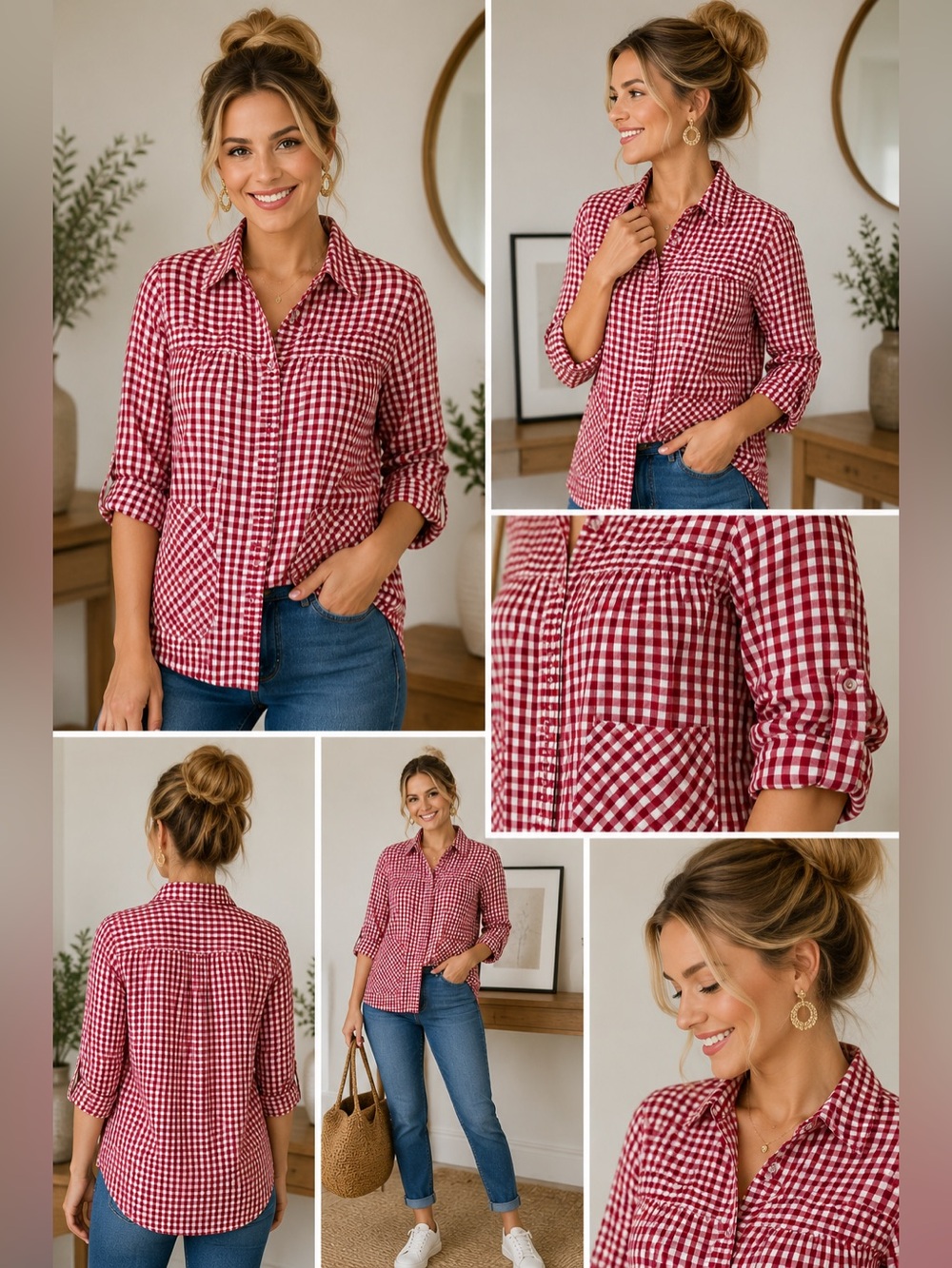 Joan Rivers Red White Gingham Cotton Tunic Shirt Roll Tab Sleeve L NWOT